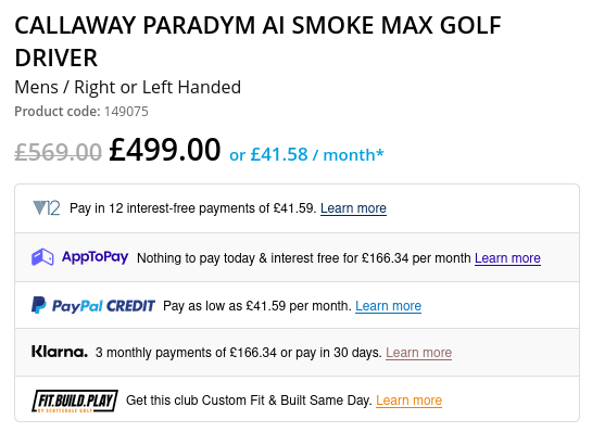 Screenshot taken from the product page of https://www.scottsdalegolf.co.uk.